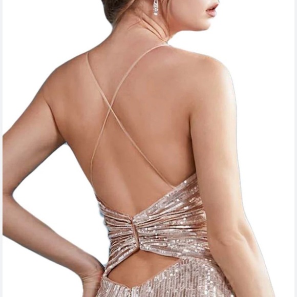 Andrea and Leo Couture Champagne Gold Open Back Sequins Maxi Gown Dress Size 6 - Picture 3 of 11